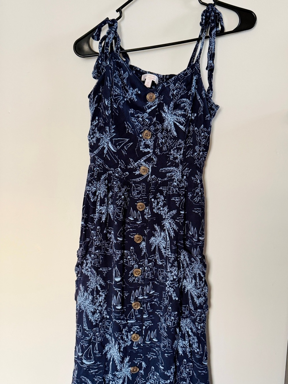 LC Lauren Conrad Navy Blue Tropical Print Midi Dress